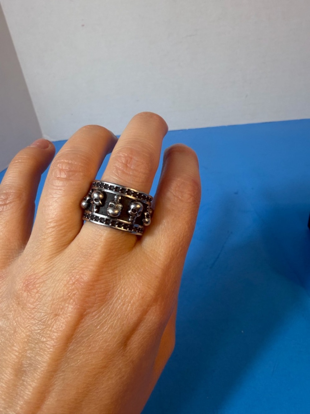 Biker- or Gothic-style ring featuring a skull design, made of stainless steel.